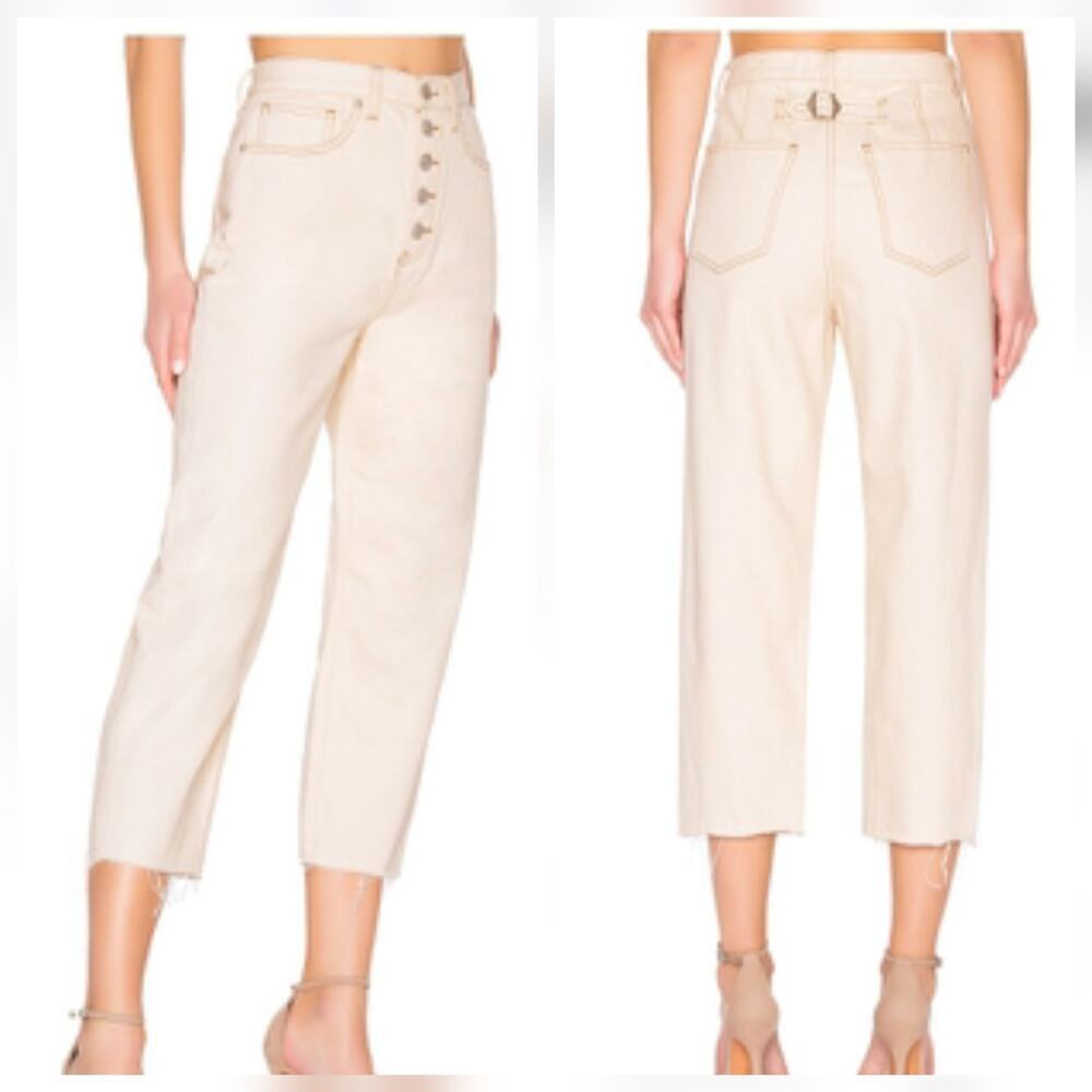 We The Free Crop Barrel Jeans Women 29 Ivory Button Fly FP Denim Frayed Hem Hi